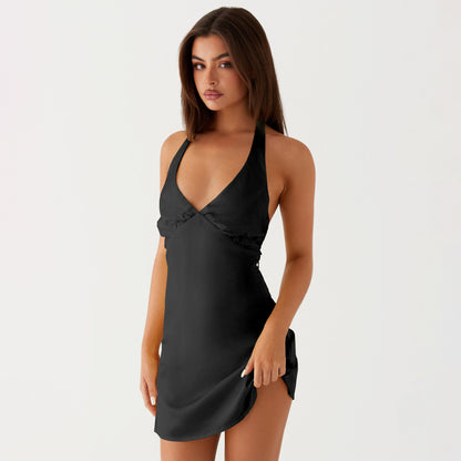 V-Neck Ruched Backless Midi Dress Stylish Elegant