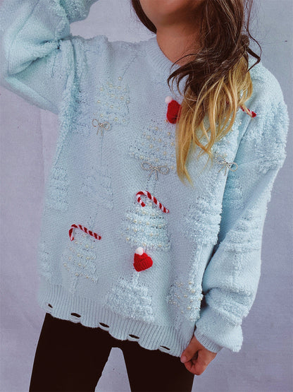 Solid Color Crew Neck Pearl Christmas Sweater