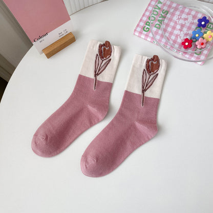 Rufia - Pink Floral Women’s Mid-Calf Socks