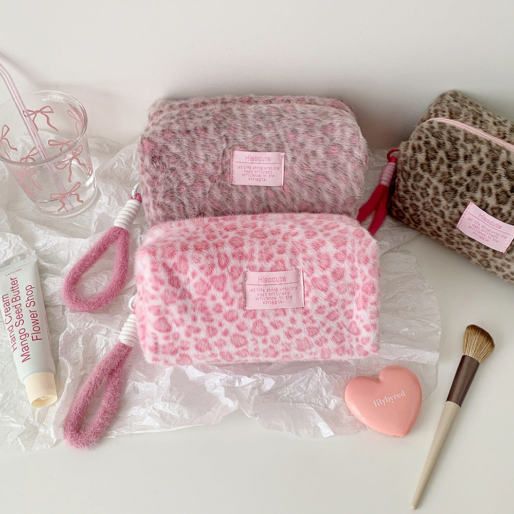 Cute Fuzzy Leopard Print Portable Makeup Bag