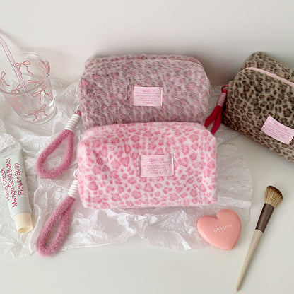 Cute Fuzzy Leopard Print Portable Makeup Bag