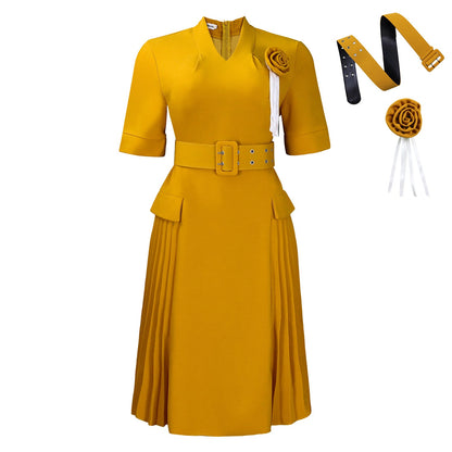 V-Neck A-Line Dress With High Waist And Ruffle Detail