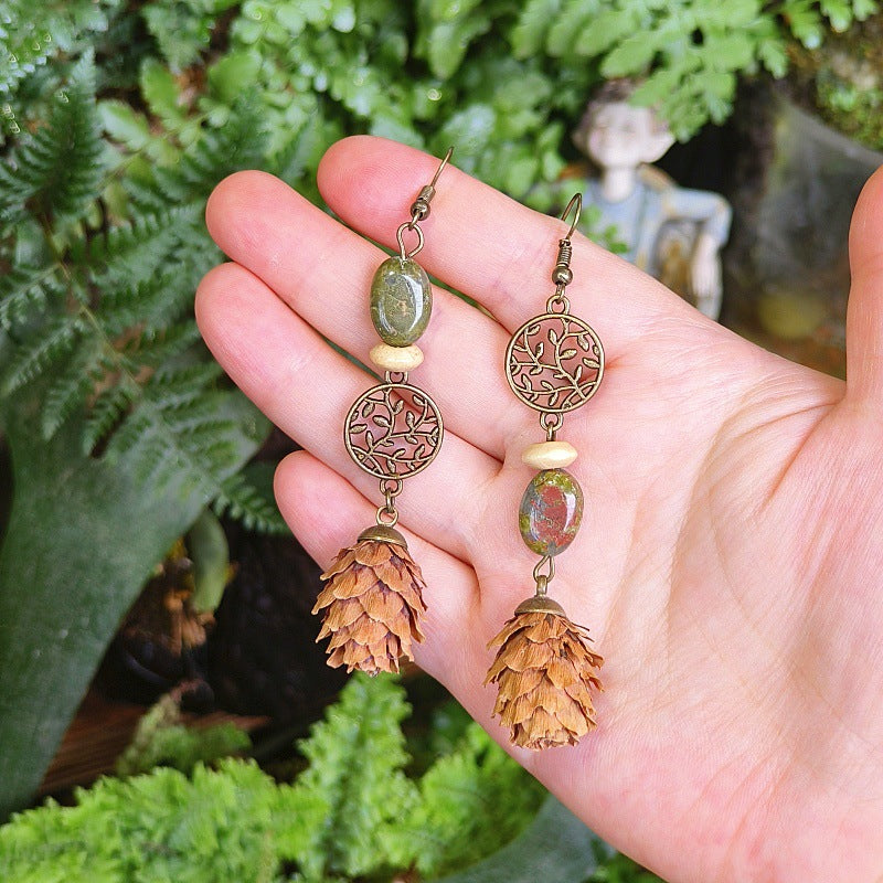 Vintage Leaf Design Handmade Earrings with Natural Green Stone