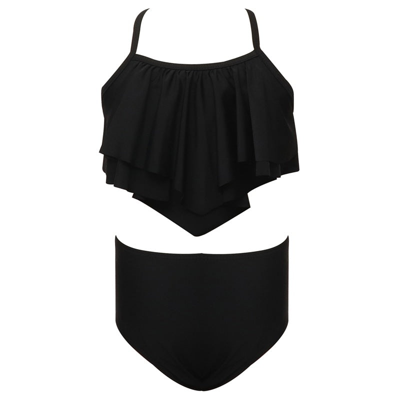 Girls' Solid Color Two-Piece Swimwear - Trendy Nylon Bikini