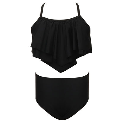 Girls' Solid Color Two-Piece Swimwear - Trendy Nylon Bikini