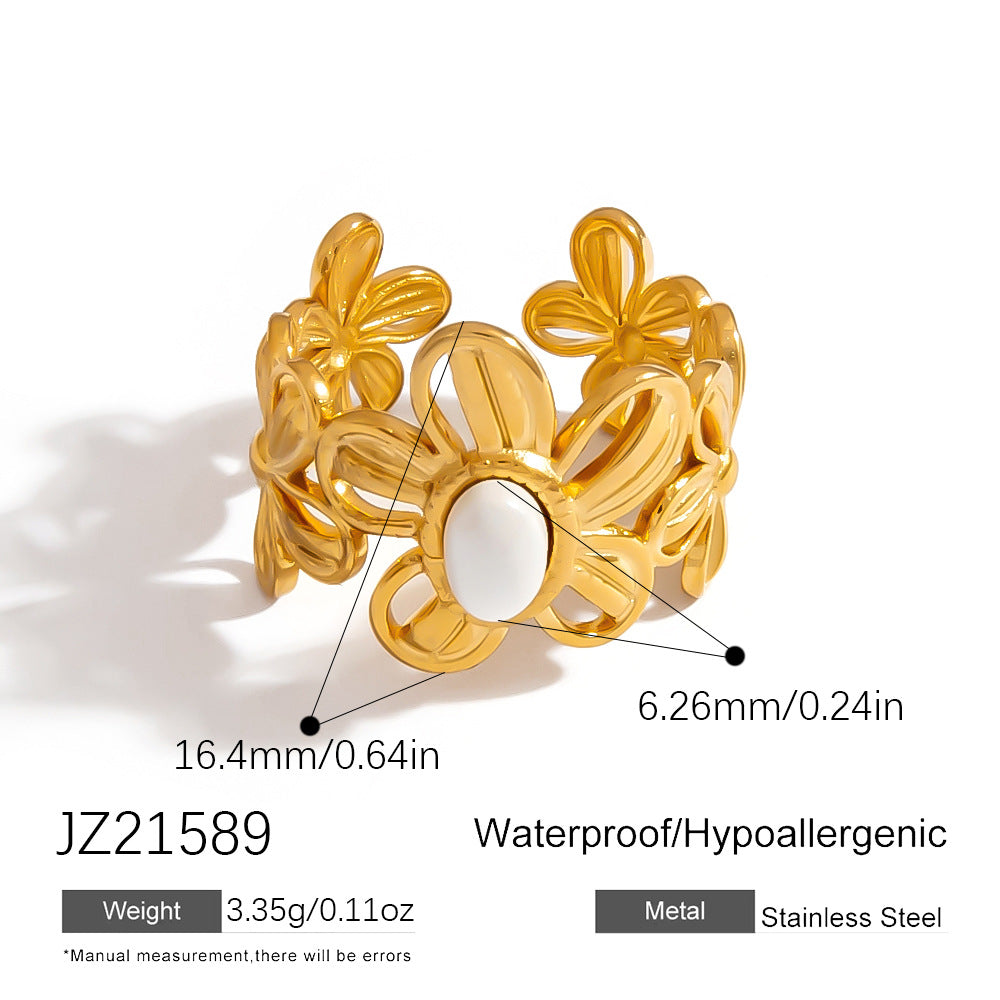 Floral Stainless Steel Ring With Natural Stone Inlay
