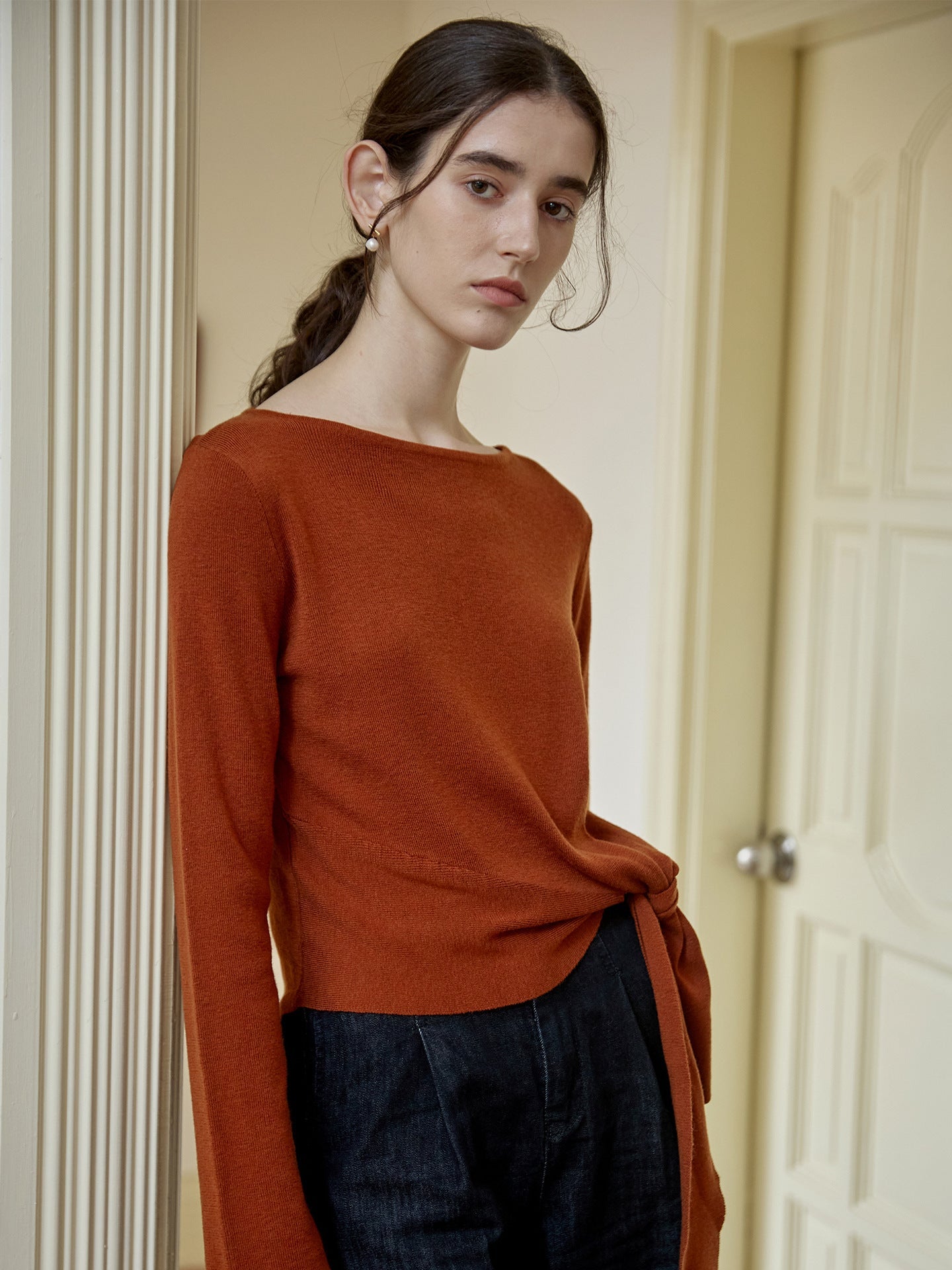 Asymmetrical Waist Tie Knit Top Elegant Casual Long Sleeve