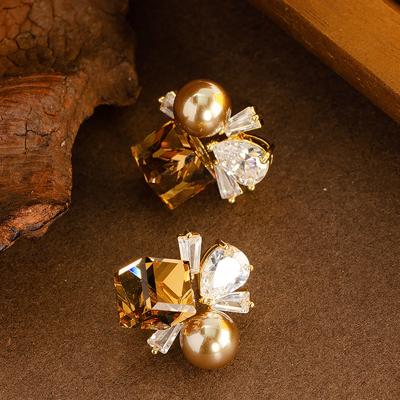 Elegant French Style Colorful Geometric Zircon Pearl Stud Earrings For Women