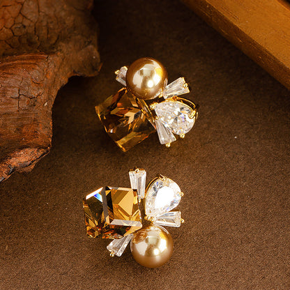 Elegant French Style Colorful Geometric Zircon Pearl Stud Earrings For Women