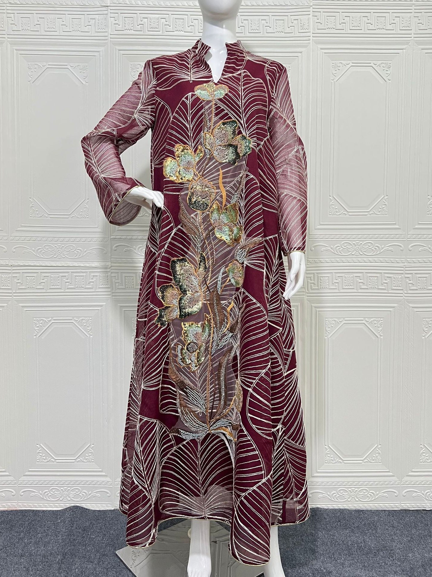 Embroidered Mesh Maxi Dress Elegant Muslim Abaya