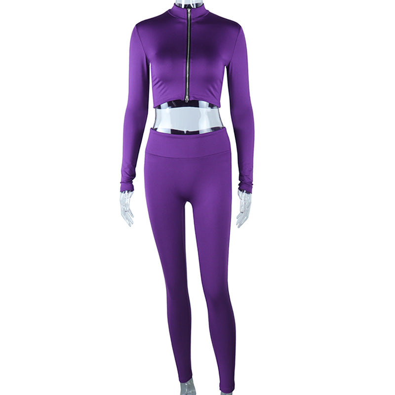 Solid Color Long Sleeve Zip Cropped Top And Pants Set