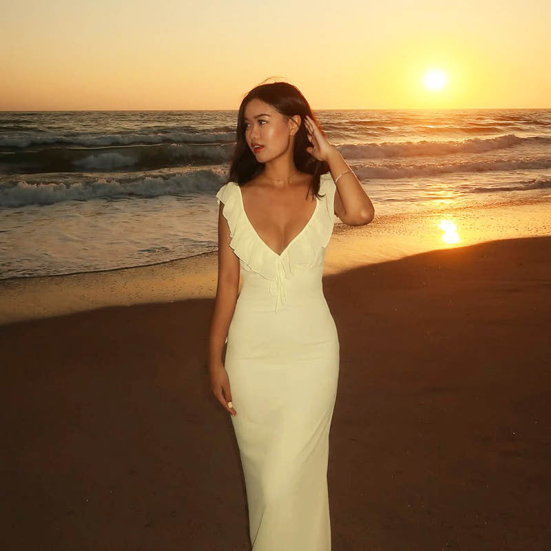 Sleeveless Ruffle Bodycon Dress V-Neck Elegant Summer Dress