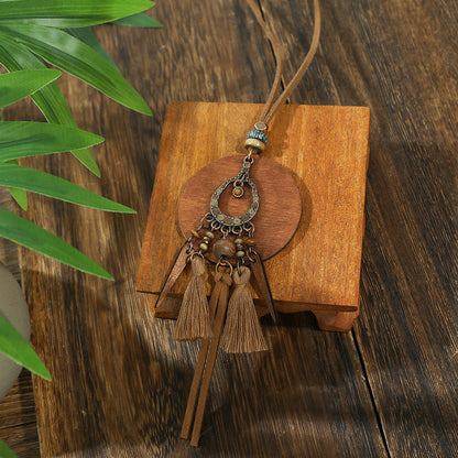 Bohemian Long Pendant Necklace with Tassels and Floral Design