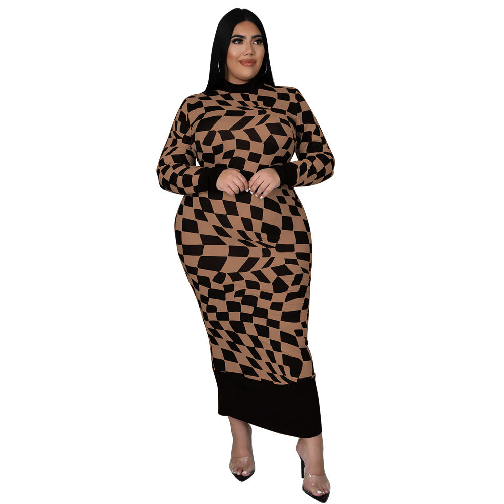 Checkered Print Long Sleeve Dress Elegant Style