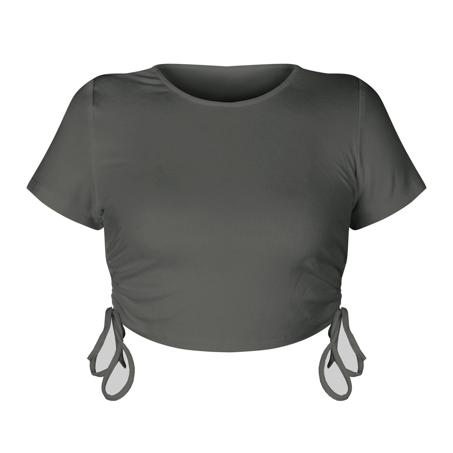 Cropped Drawstring Casual T-Shirt with Ribbed Fabric