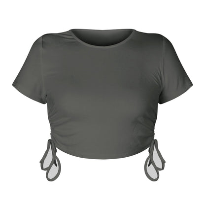 Cropped Drawstring Casual T-Shirt with Ribbed Fabric