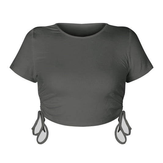 Cropped Drawstring Casual T-Shirt with Ribbed Fabric