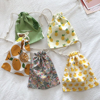 Mini Cotton Drawstring Makeup Pouch Cute Floral Travel Bag
