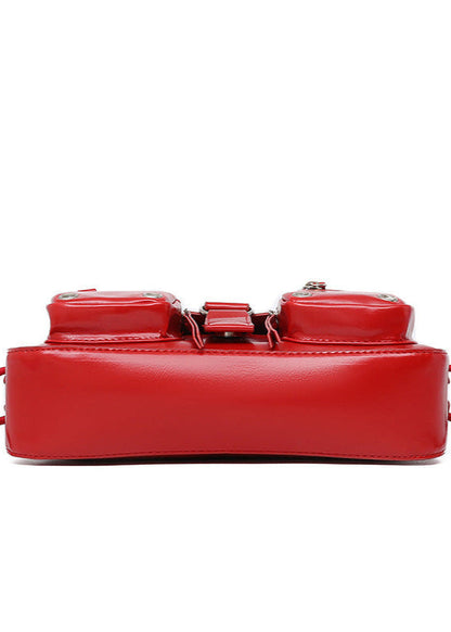 Utility Buckle Shoulder Bag Faux Leather Red