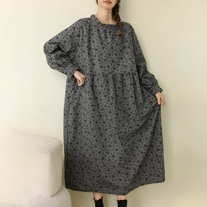 Floral Print Long Sleeve Cotton Dress Casual A-Line Dress