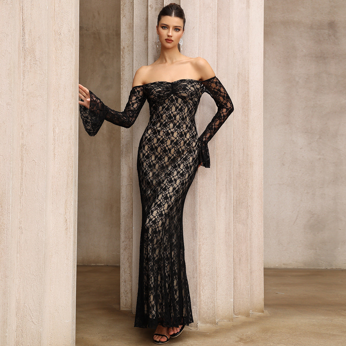 Elegant Lace Off-Shoulder Bodycon Midi Dress for Parties