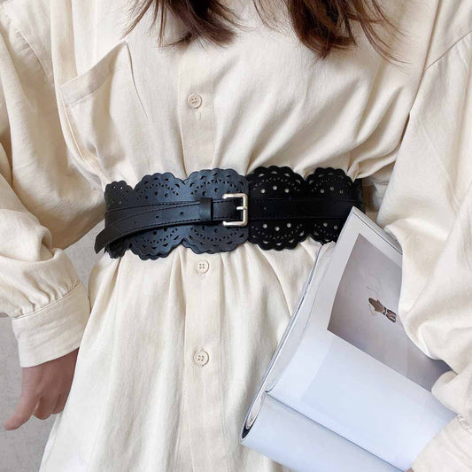 Simple Hollow Flower Wide Leather Belt