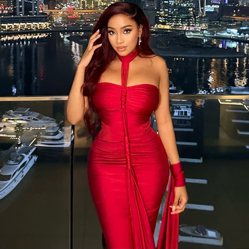 Solid Color Backless Strapless Bodycon Dress Elegant Style