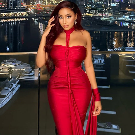 Solid Color Backless Strapless Bodycon Dress Elegant Style