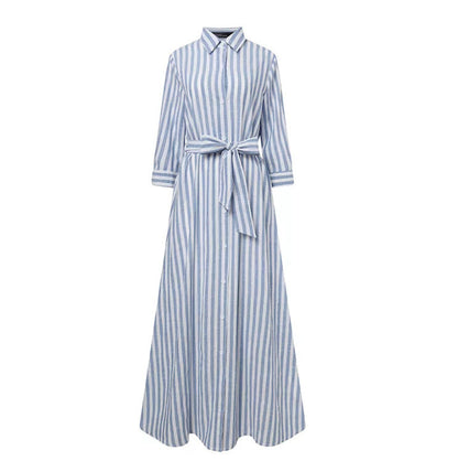 Cotton And Linen Yarn-Dyed Sliver Women'S Cardigan Belt High-End Loose Seven-Quarter Sleeve Temperament Casual Dress