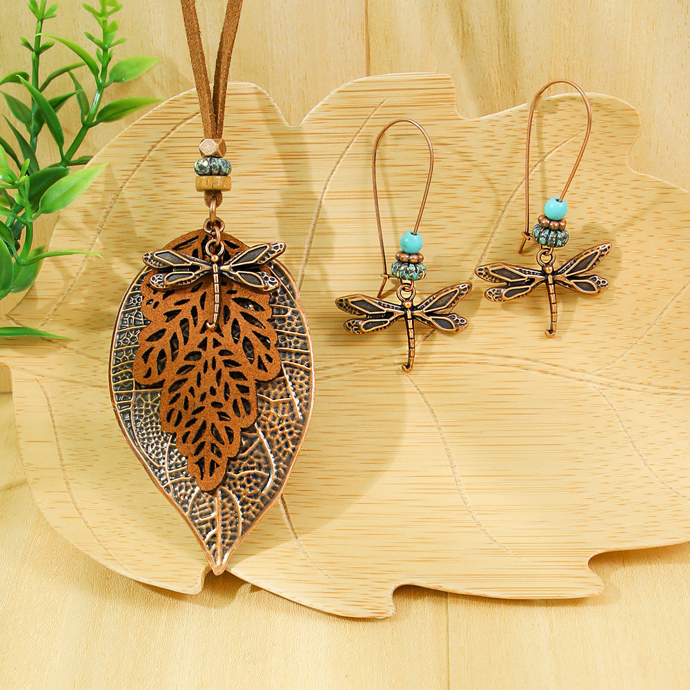 Bohemian Vintage Leaf Earrings With Dragonfly & Butterfly Zinc Alloy Sweater Necklace