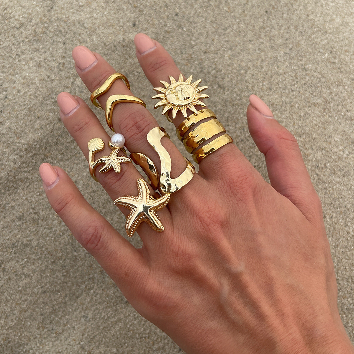 Starfish Shell Metal Ring Set Trendy Fashion Jewelry