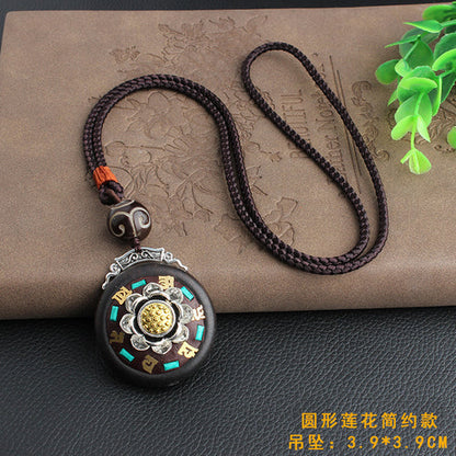 Vintage Ebony Nepal Pendant Fortune Transfer Necklace Long Versatile Ethnic Style Peace Card Pendant Necklace