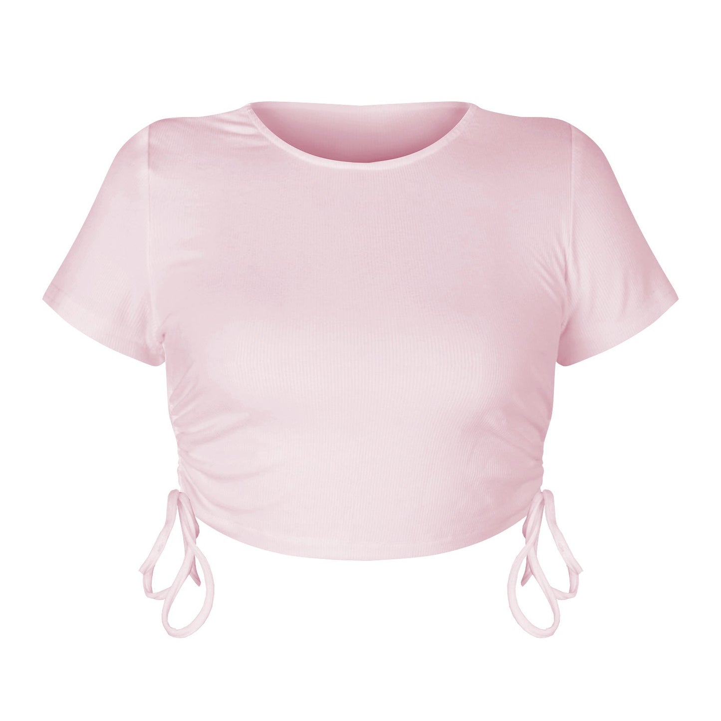 Cropped Drawstring Casual T-Shirt with Ribbed Fabric