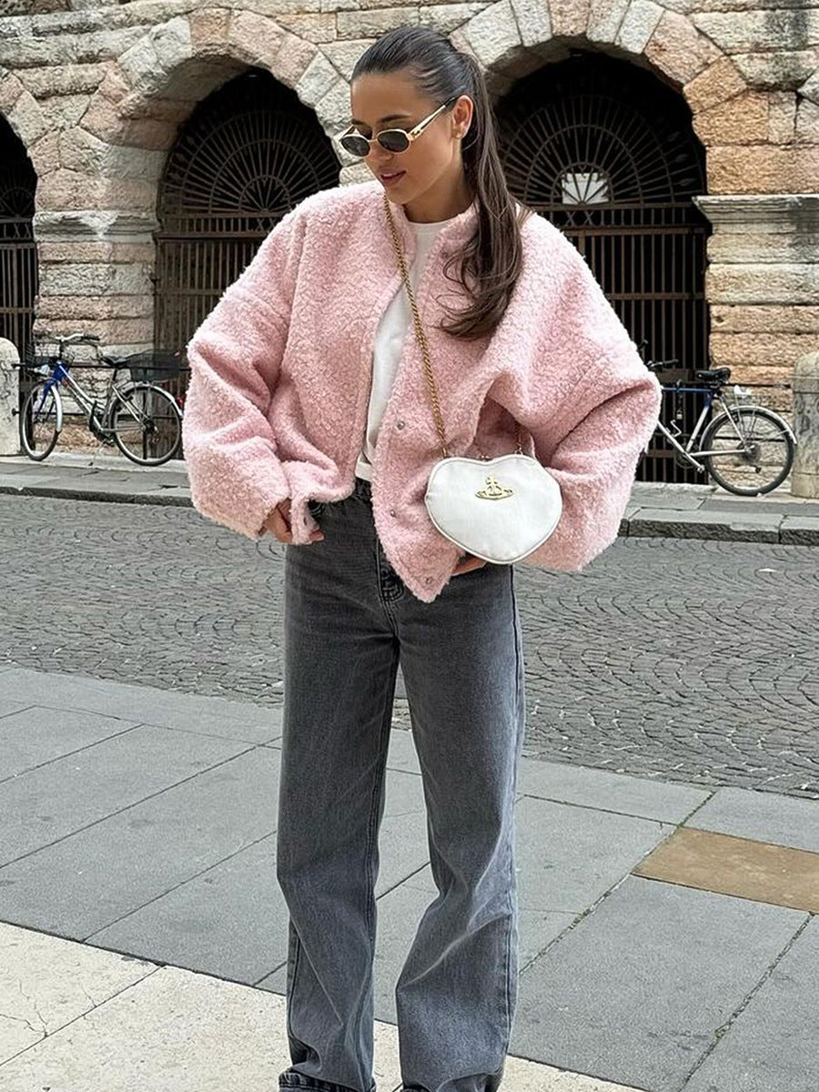 Pink Casual Jacket Cozy Polyester Relaxed Fit