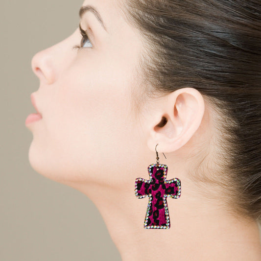 Trendy Y2K Cross Earrings Genuine Leather Leopard Print Geometric Style