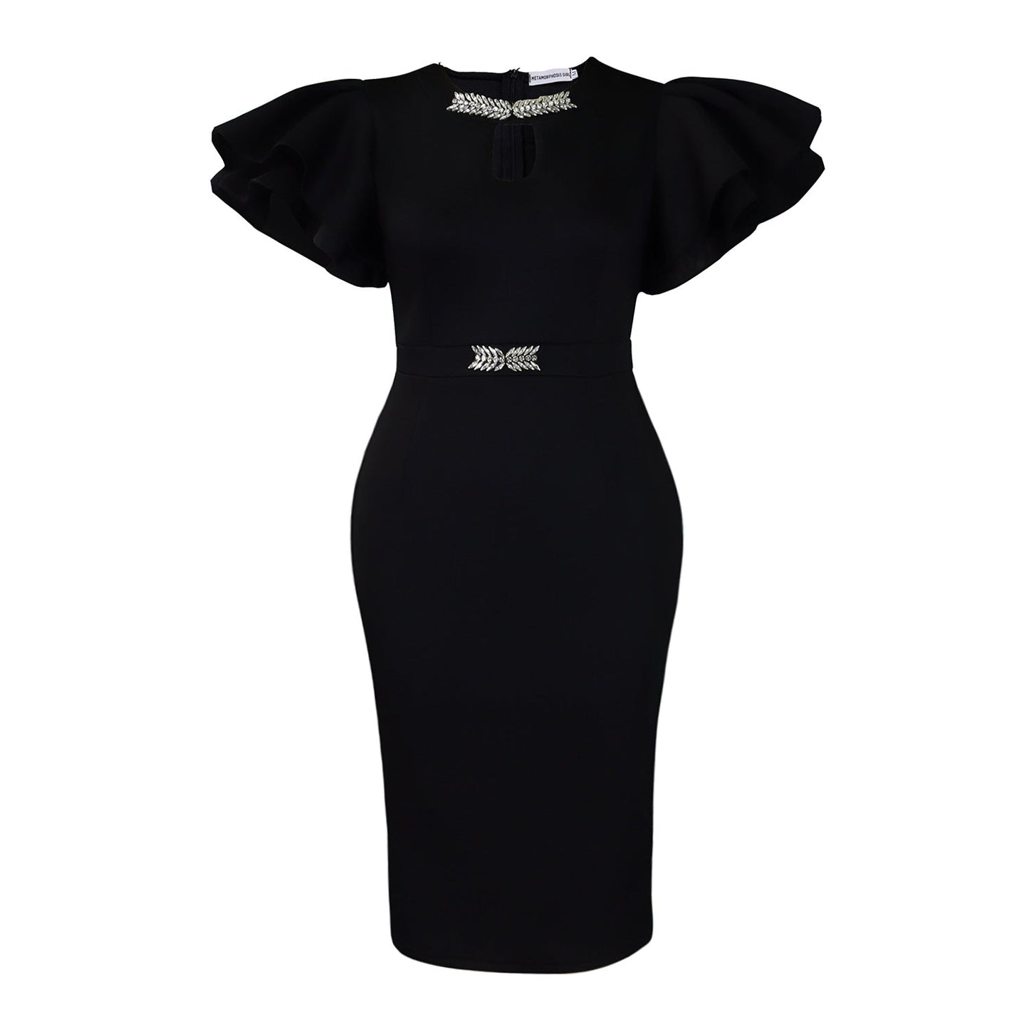 Elegant Puff Sleeve Midi Dress With Rhinestone Details