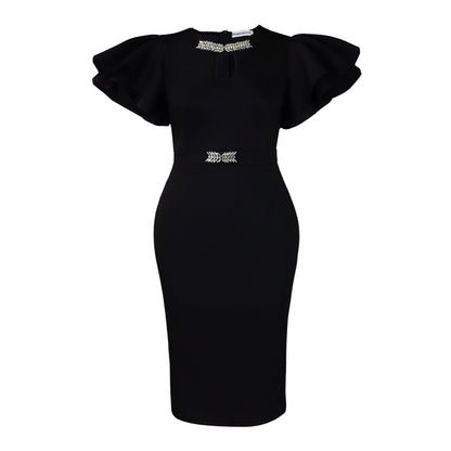 Elegant Puff Sleeve Midi Dress With Rhinestone Details