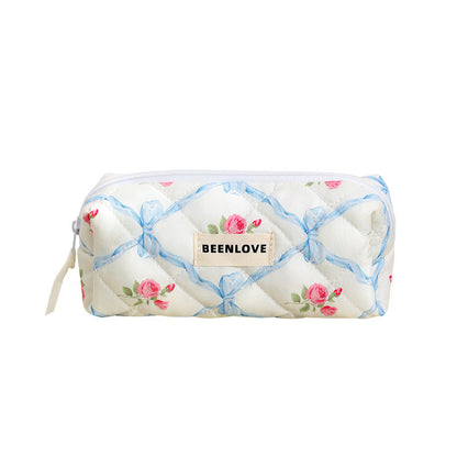 Cute Heart Print Cotton Quilted Cosmetic Bag