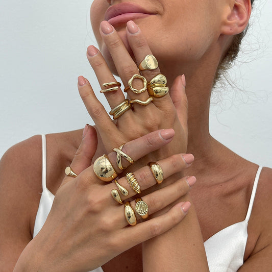 Geometric Metal Texture Water Drop Ring Set Trendy Women'S Rings