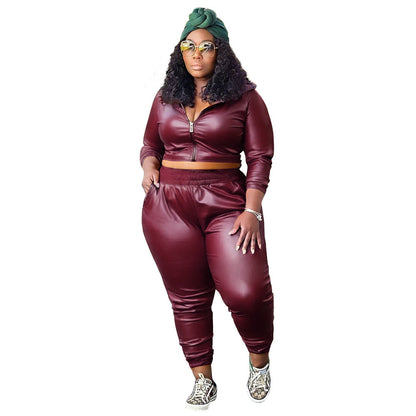 Plus Size Women'S Fashion Casual Two-Piece Pu Leather Set