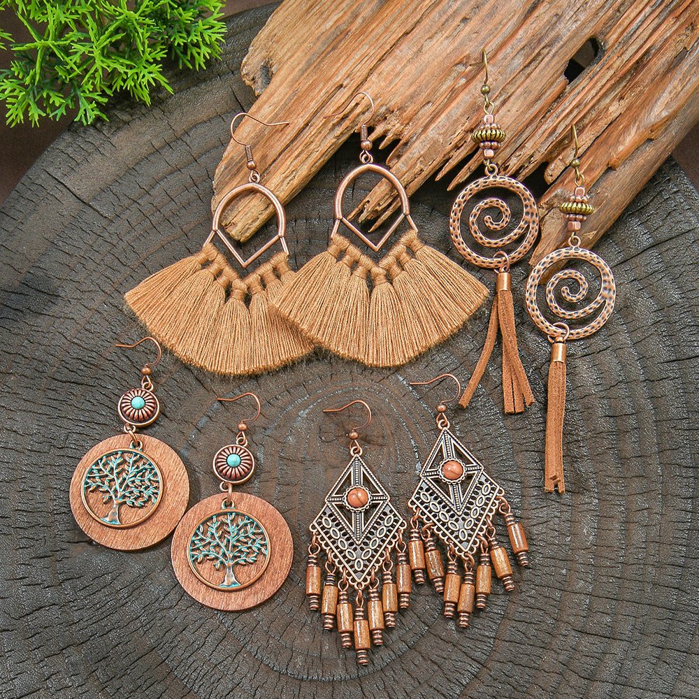 Bohemian Vintage Brown Earring Set Geometric Tassel Earrings
