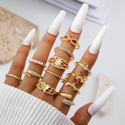 Trendy Leaf Heart Rings Geometric Pearl Joint Stacking Ring Set