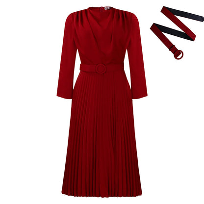 Elegant A-Line Midi Dress With Belt - Office Casualwear