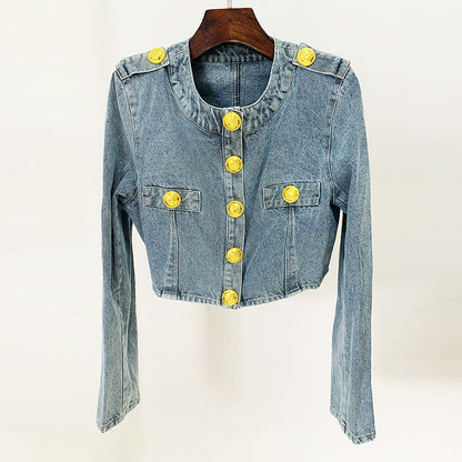 Lion Button Short Denim Jacket