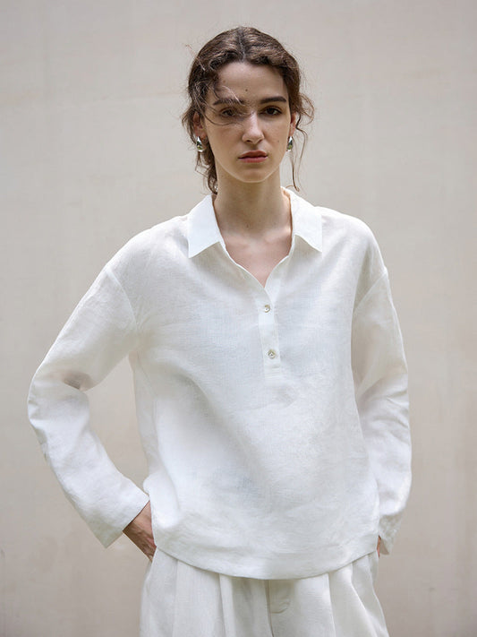 Long Sleeve Polo Collar Shirt Elegant Linen Blouse