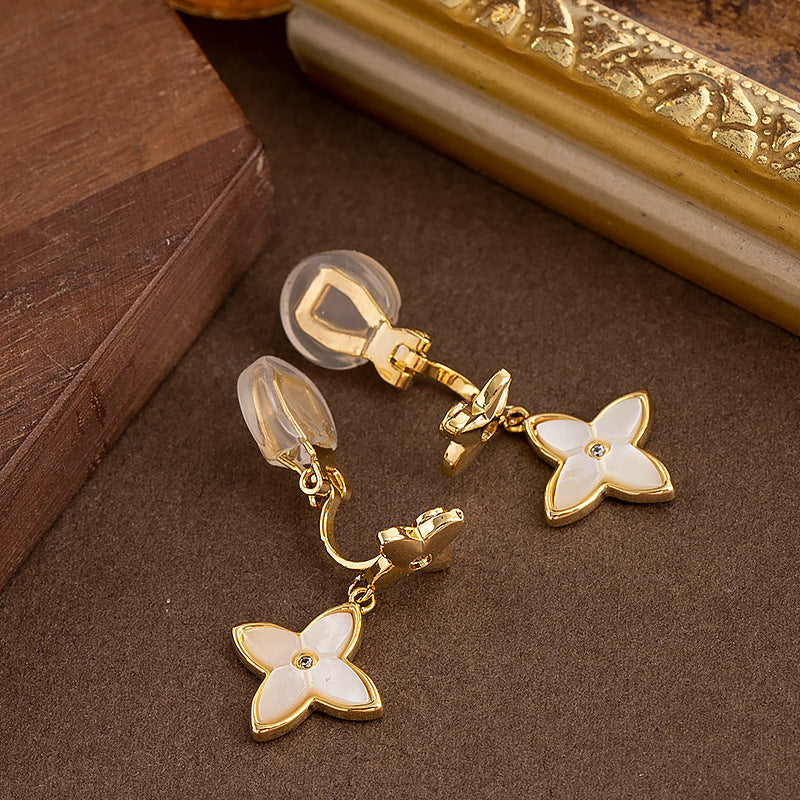 Classic Diamond-Studded Mother Of Pearl Shamrock Ear Clips For Women