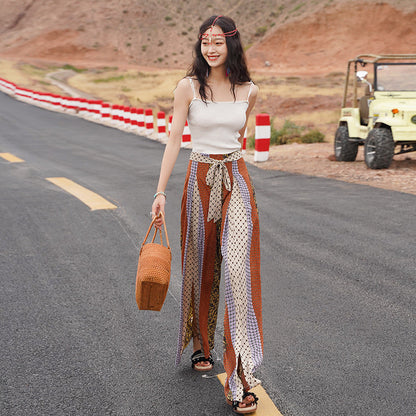 Bohemian Ethnic Wind And Snow Spinning Split Wide Leg Vacation Beach Pants Summer High Waisted Pants
