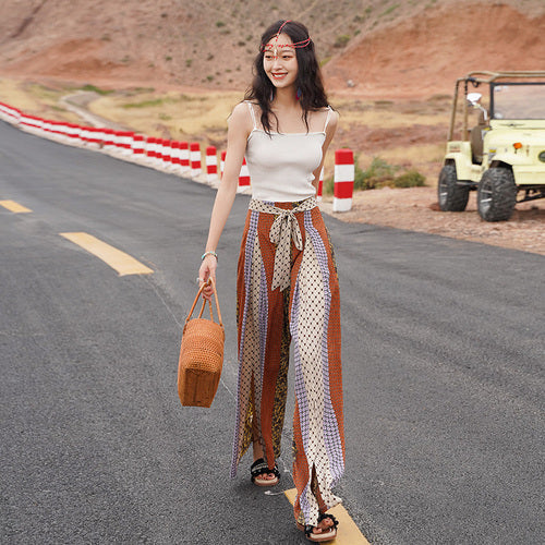 Bohemian Ethnic Wind And Snow Spinning Split Wide Leg Vacation Beach Pants Summer High Waisted Pants