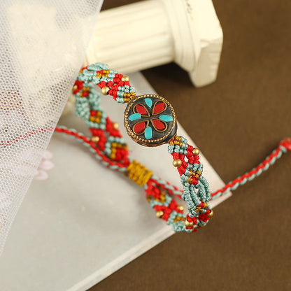 Tibetan Ethnic Style Nepalese Beads Hand String Retro Diagonal Knot Colorful Rope Pure Hand Woven Bracelet