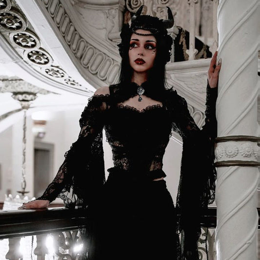 Dark Fashion Lace Bodysuit Top With Princess Sleeves